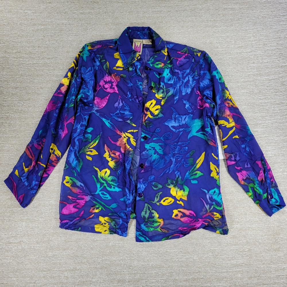 Anthony Original Burnout Velvet Floral Button Up Shirt Small Blue Art to Wear